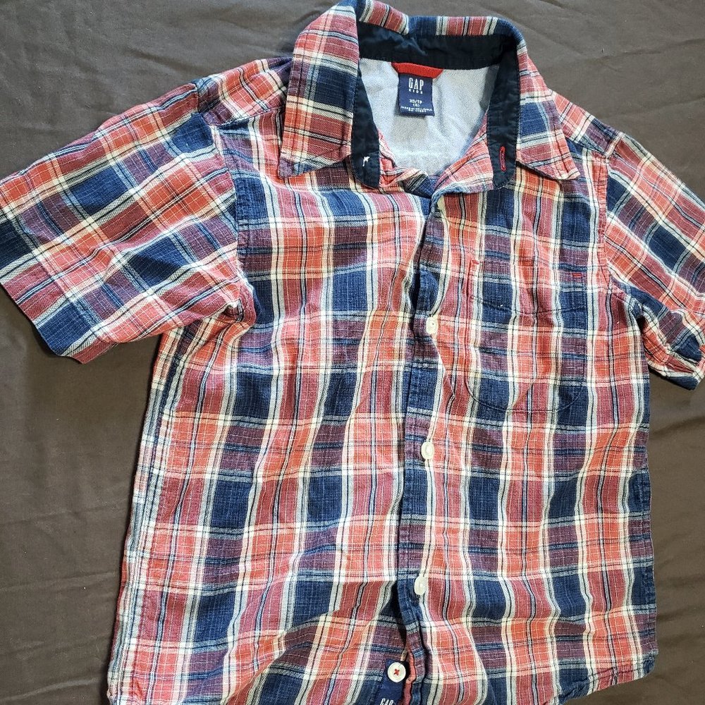 Plaid Flannel Button Up T-Shirt Red blue Pattern Gap Kids XS 100% Cotton
